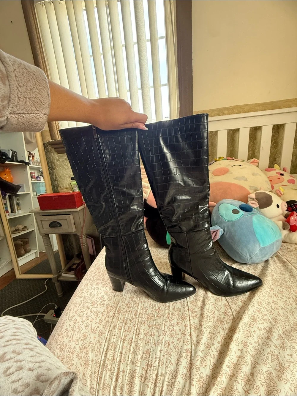 SHEIN Black Croc-Embossed Over-the-Knee Pointed Toe Boots